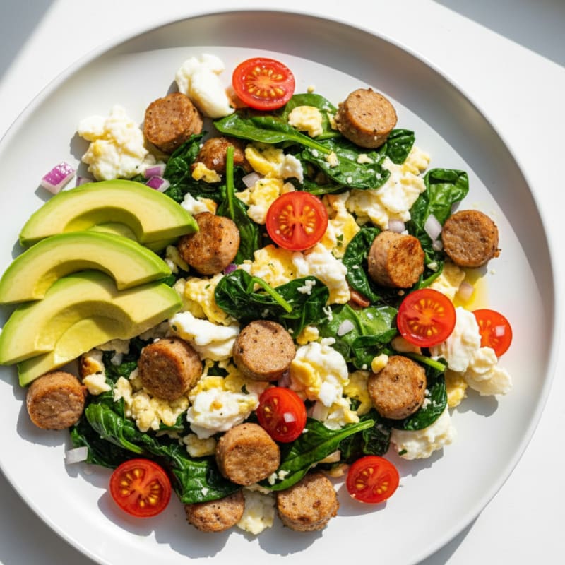 Egg White Scramble with Turkey Sausage and Sautéed Spinach