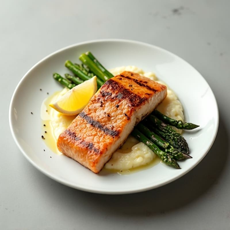 Seared Salmon with Steamed Asparagus and Cauliflower Mash