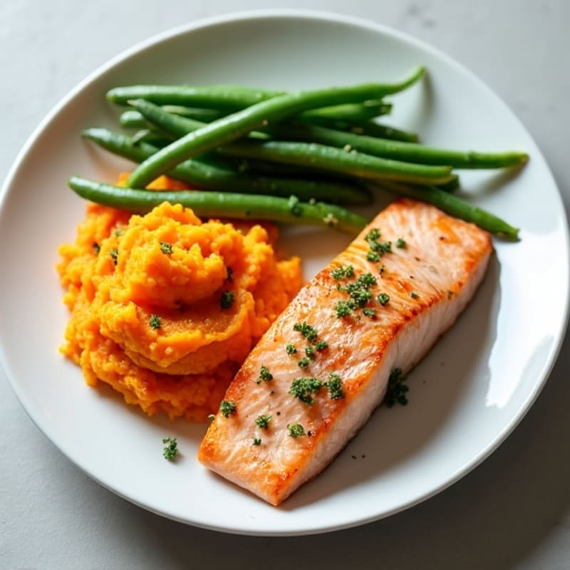 Seared Salmon with Garlic Green Beans and Sweet Potato Mash