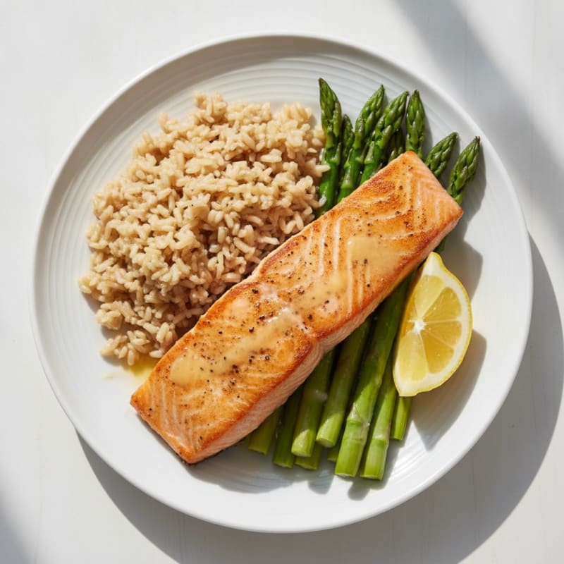 Seared Salmon Fillet with Steamed Asparagus and Brown Rice