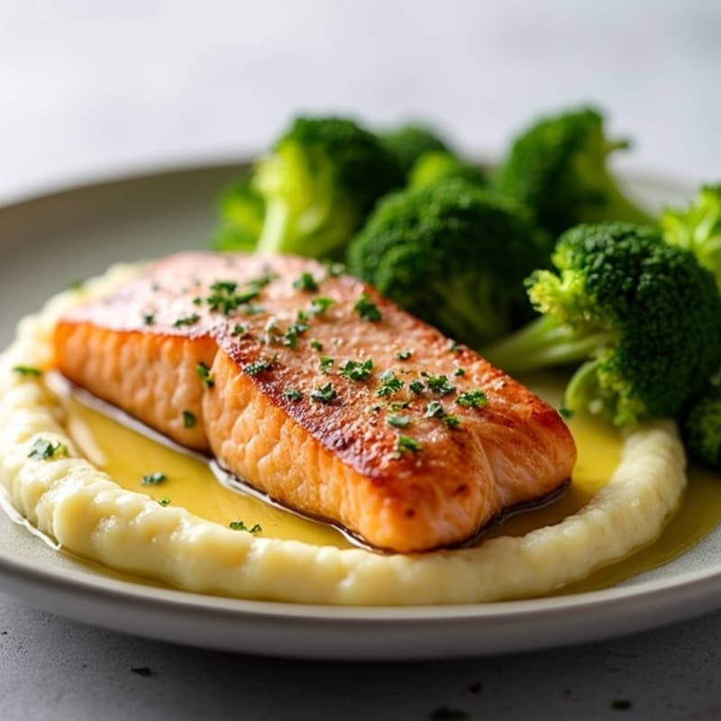 Seared Salmon with Garlic Mashed Potatoes and Steamed Broccoli