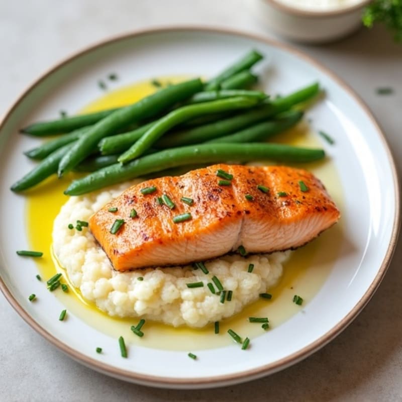 Baked Salmon with Steamed Green Beans and Cauliflower Mash