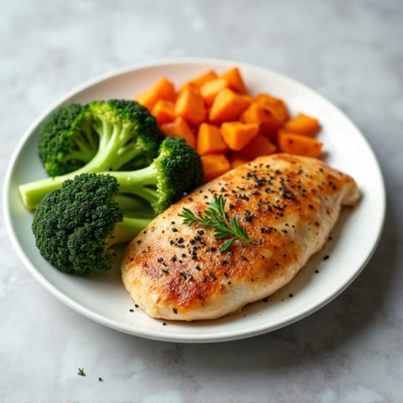 Seared Chicken Breast with Steamed Broccoli and Roasted Sweet Potatoes