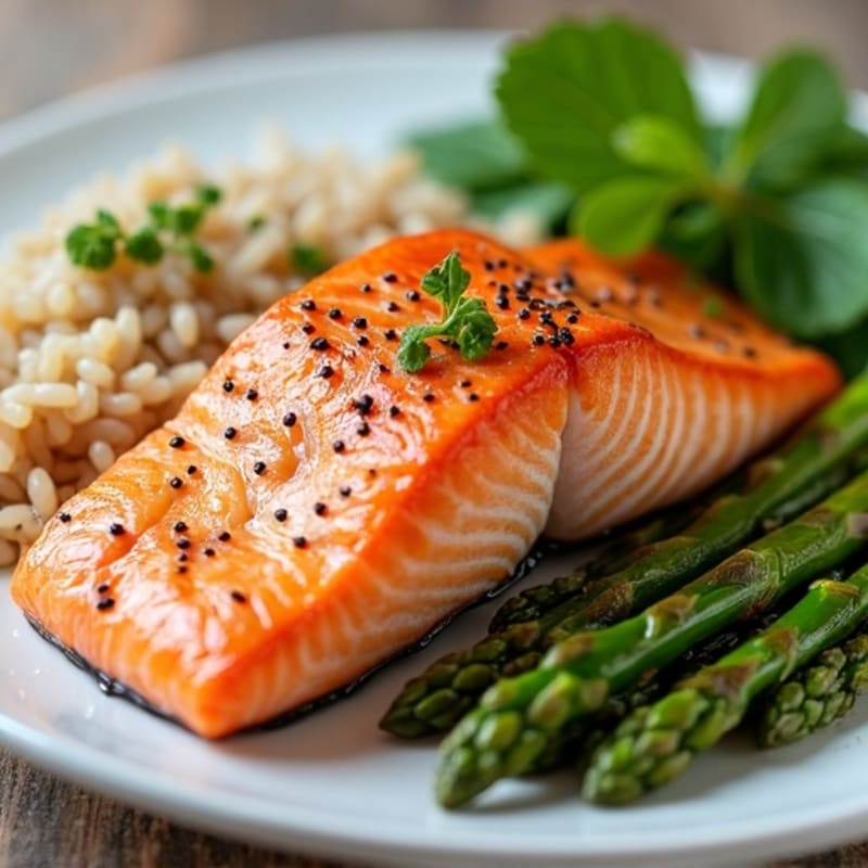 Seared Salmon Fillet with Steamed Asparagus and Brown Rice