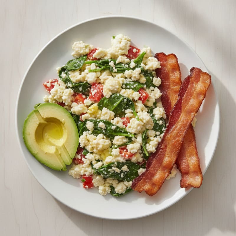 Egg White Veggie Scramble with Cottage Cheese and Turkey Bacon