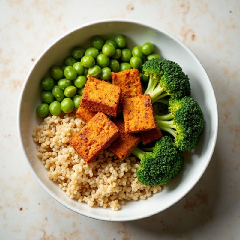 Crispy Tofu and Quinoa Power Bowl with Edamame and Roasted Broccoli
