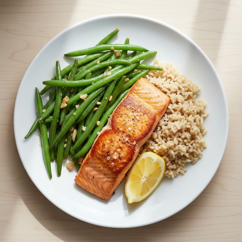 Seared Salmon Fillet with Garlic Green Beans and Brown Rice
