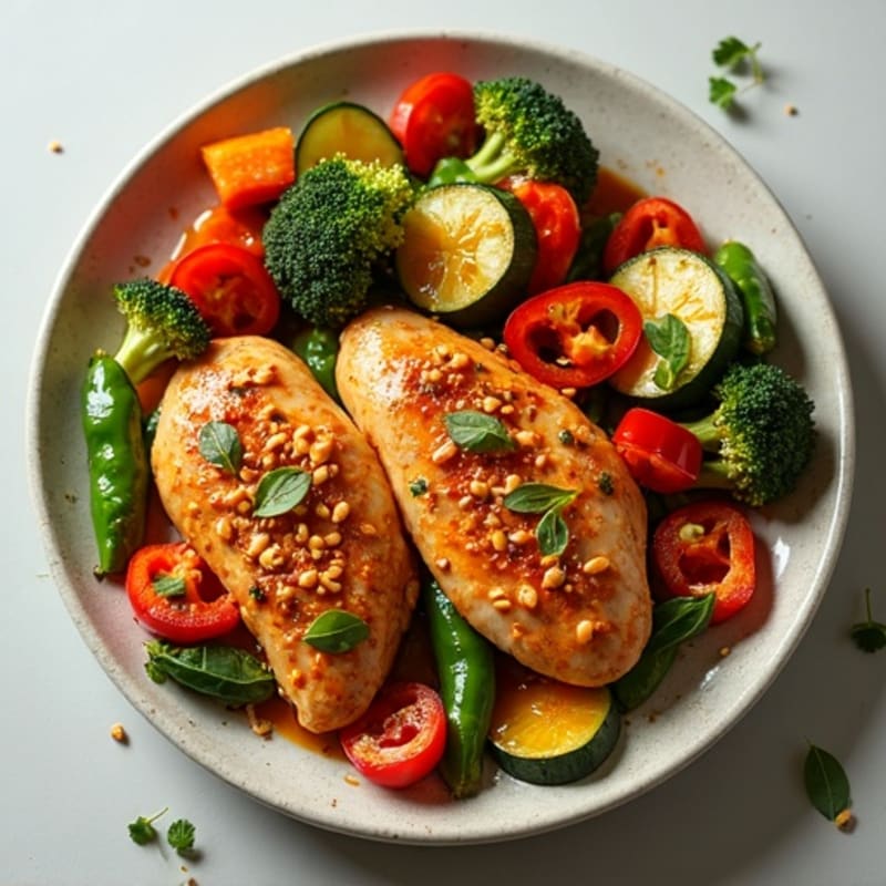 Sheet Pan Spicy Peanut Chicken with Crispy Roasted Vegetables