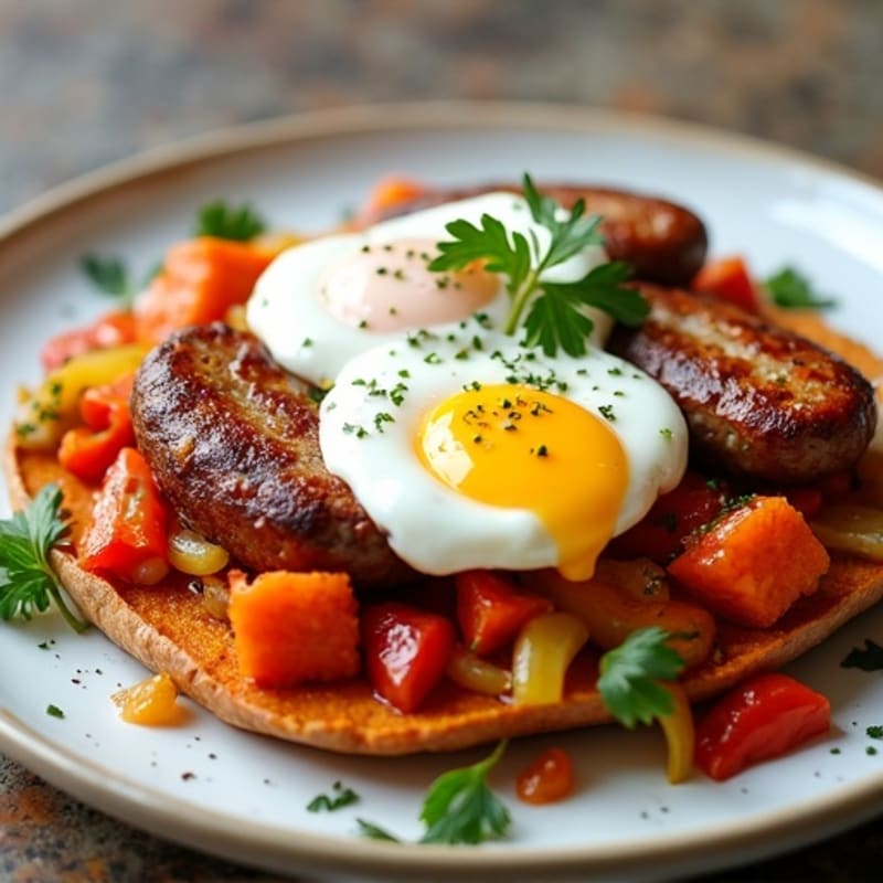 Crispy Sweet Potato Hash with Poached Eggs and Lean Turkey Sausage