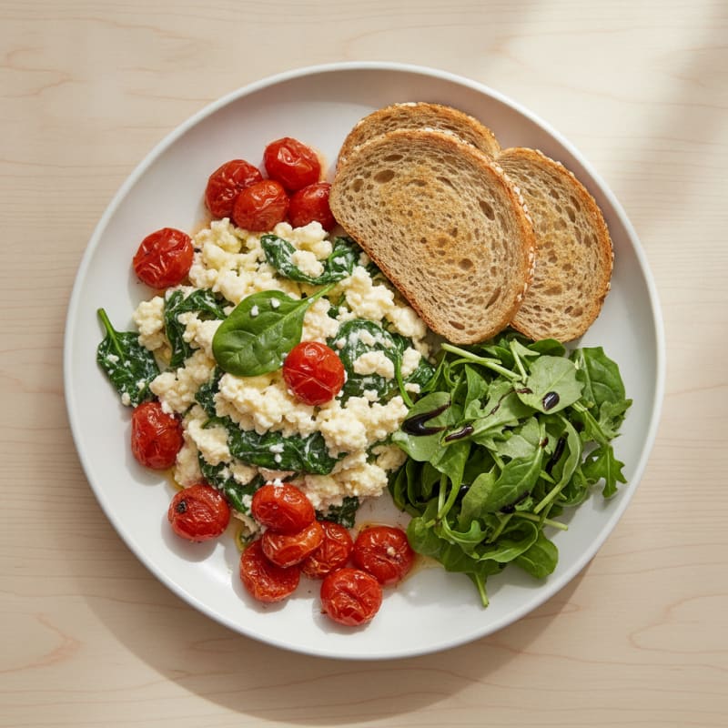 Cottage Cheese Scramble with Spinach and Roasted Tomatoes