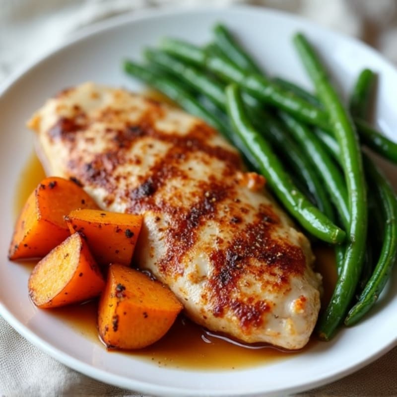 Maple-Cinnamon Roasted Sweet Potato Chunks with Juicy Pan-Seared Chicken Breast and Sautéed Green Beans