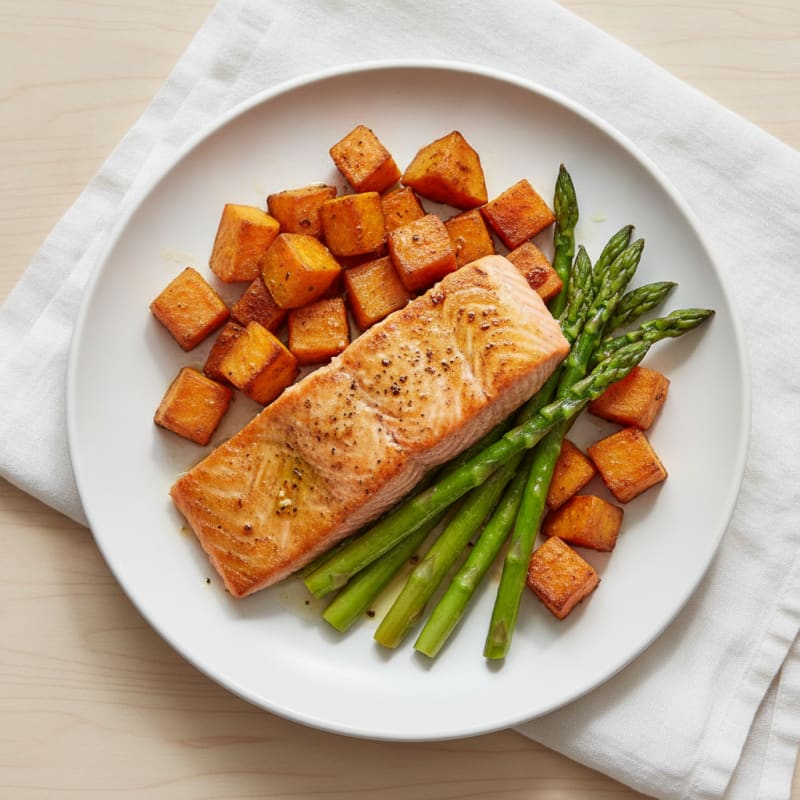 Seared Salmon with Roasted Sweet Potato and Asparagus