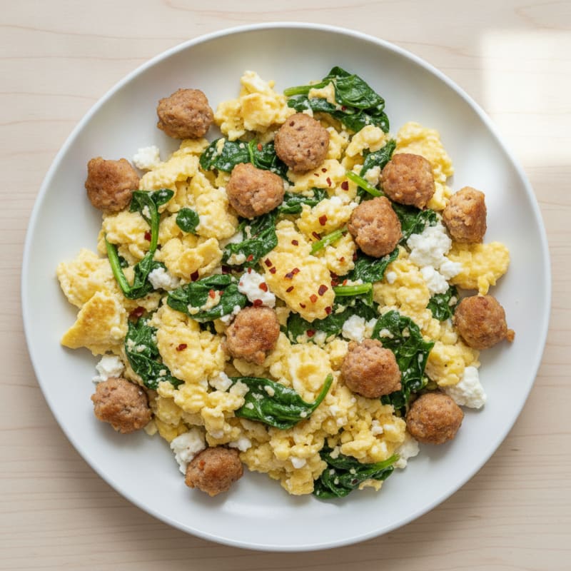 Cottage Cheese Scramble with Turkey Sausage and Spinach