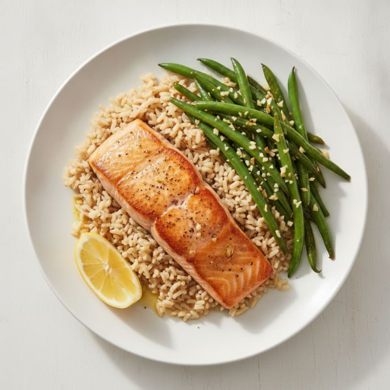 Seared Salmon Fillet with Garlic Green Beans and Brown Rice
