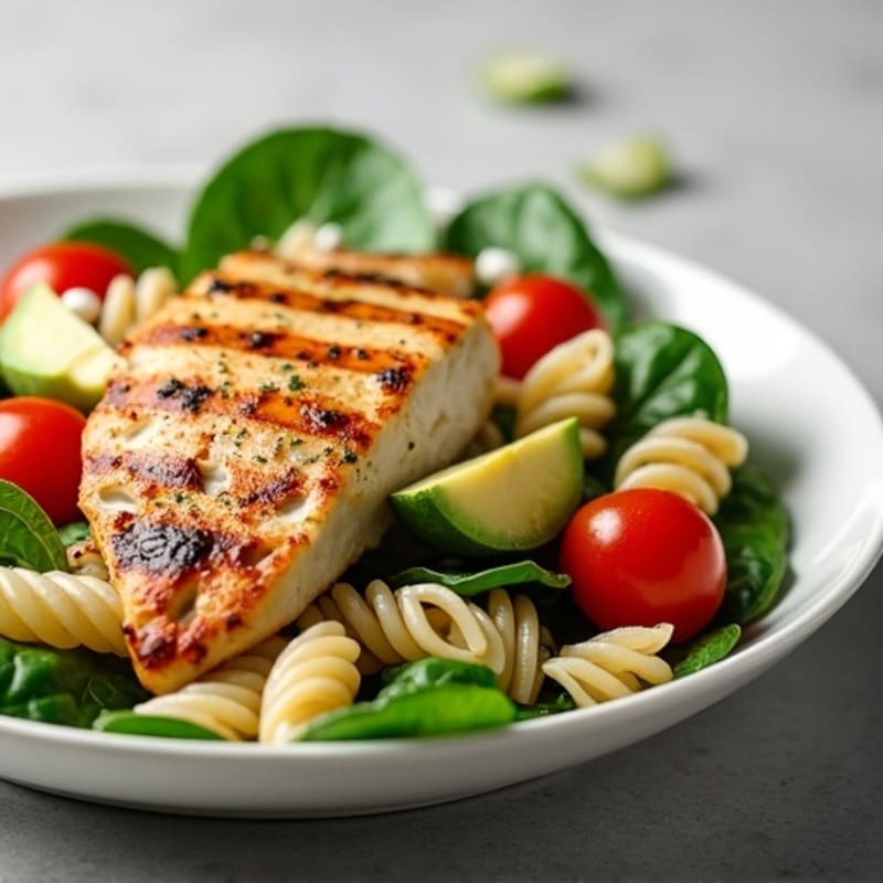 Grilled Chicken Pasta Salad with Spinach and Cherry Tomatoes