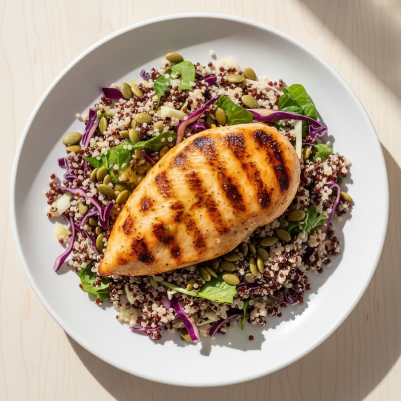 Grilled Chicken Breast with Crunchy Cabbage and Quinoa Salad