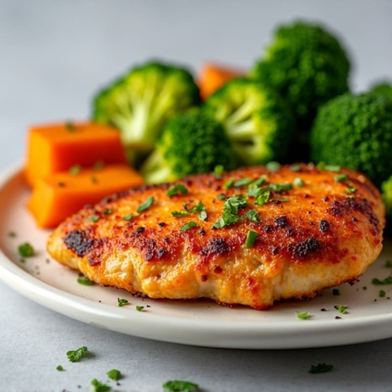 Crispy Garlic Chicken with Roasted Sweet Potatoes and Broccoli
