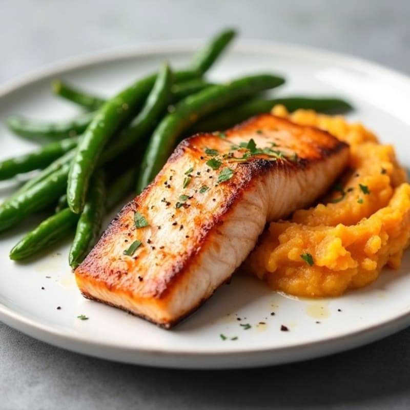 Seared Salmon Fillet with Garlic Green Beans and Mashed Sweet Potato