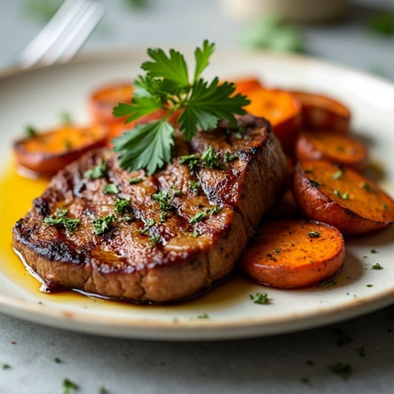 Garlic Herb Pan-Seared Steak with Roasted Sweet Potatoes