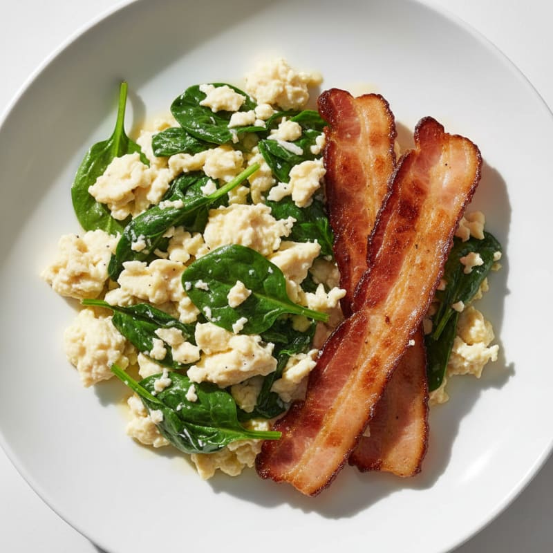 Egg White Spinach Scramble with Grilled Turkey Bacon