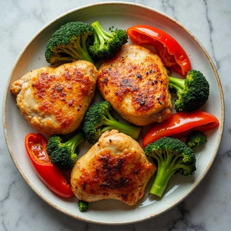 Sheet Pan Crispy Chicken Thighs with Roasted Broccoli and Bell Peppers