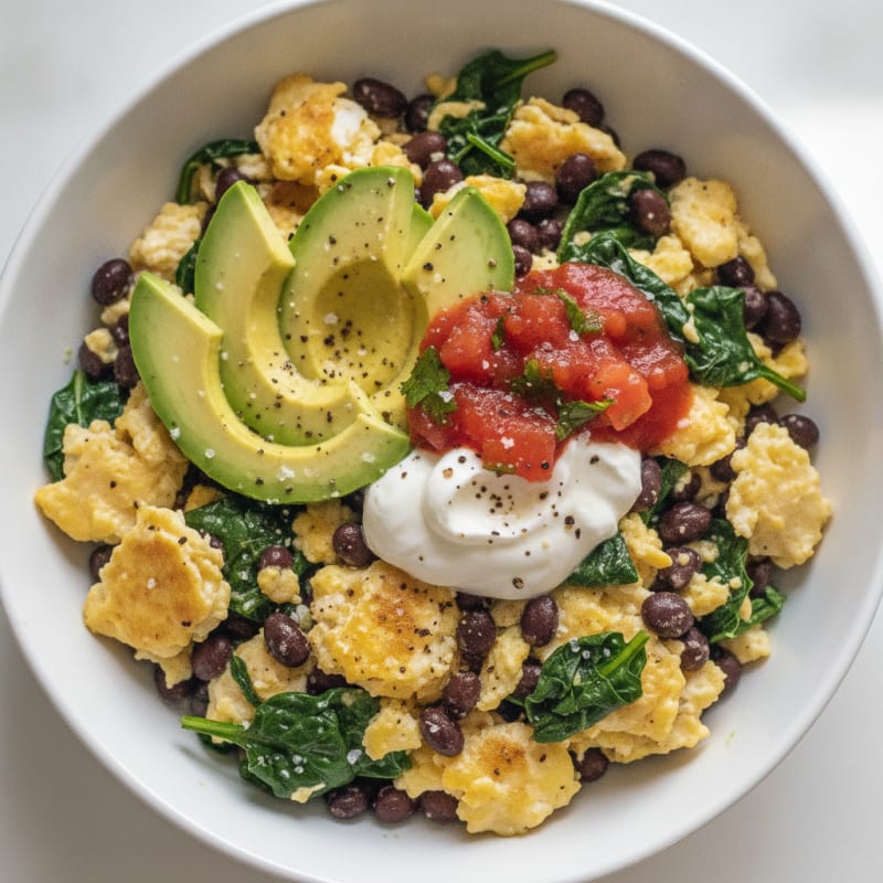 Scrambled Eggs with Black Beans and Avocado