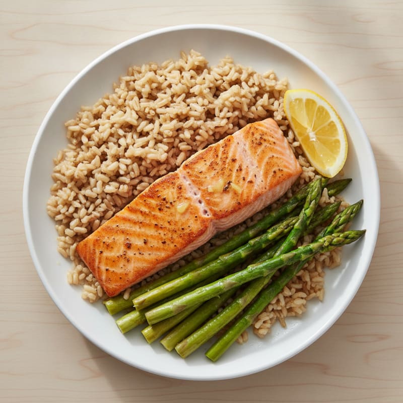 Seared Salmon with Steamed Asparagus and Brown Rice