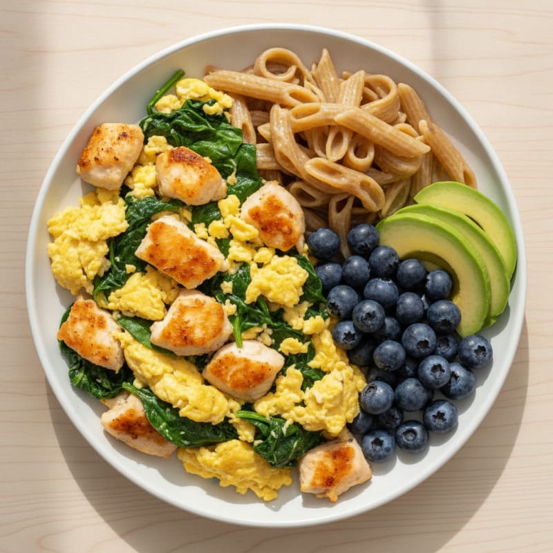 Scrambled Eggs with Spinach and Chicken Breast