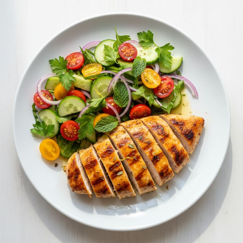 Grilled Chicken Breast with Cucumber Tomato Salad
