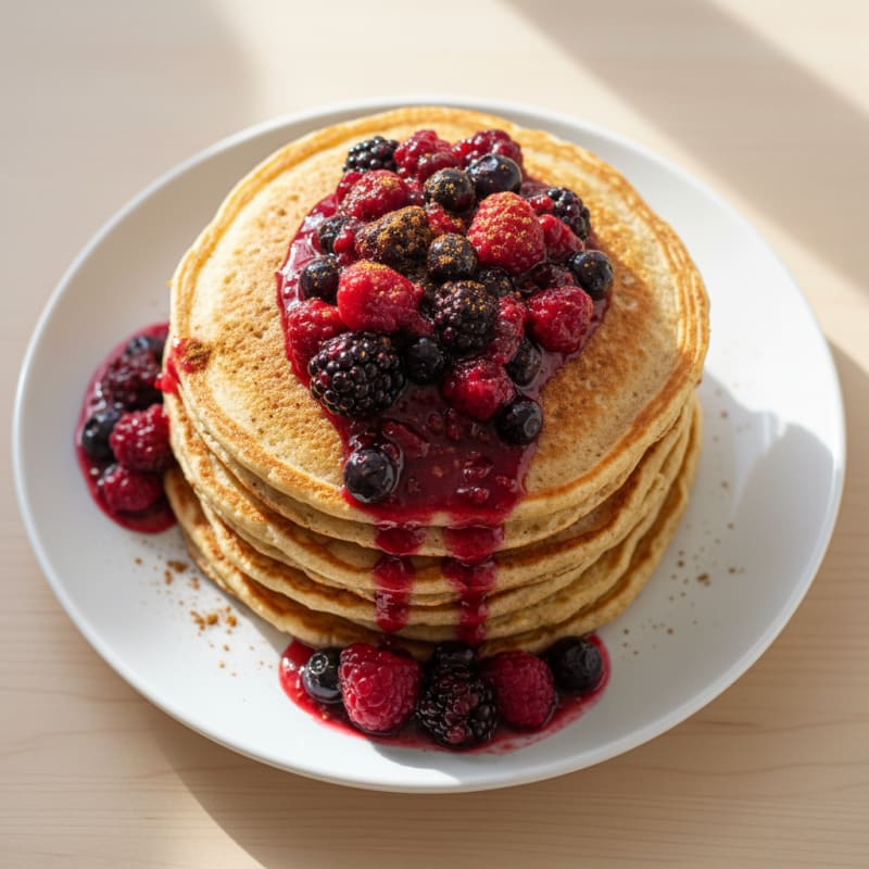 Fluffy Buttermilk-Style Protein Pancakes with Berry Compote