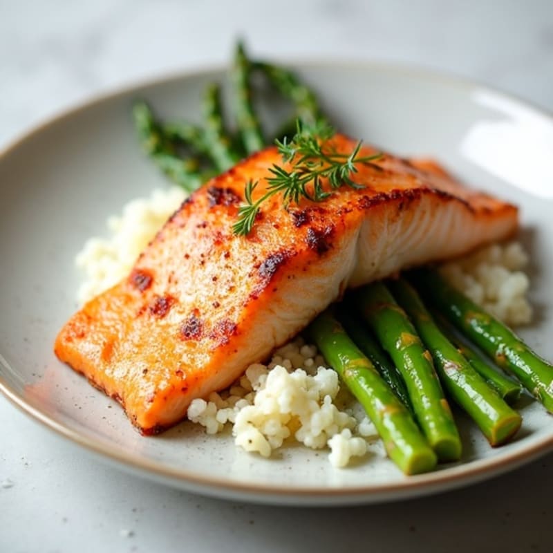 Seared Salmon with Steamed Asparagus and Cauliflower Rice