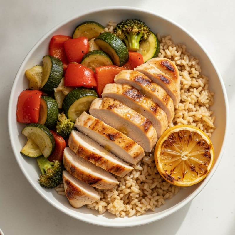 Grilled Chicken Rice Bowl with Roasted Vegetables