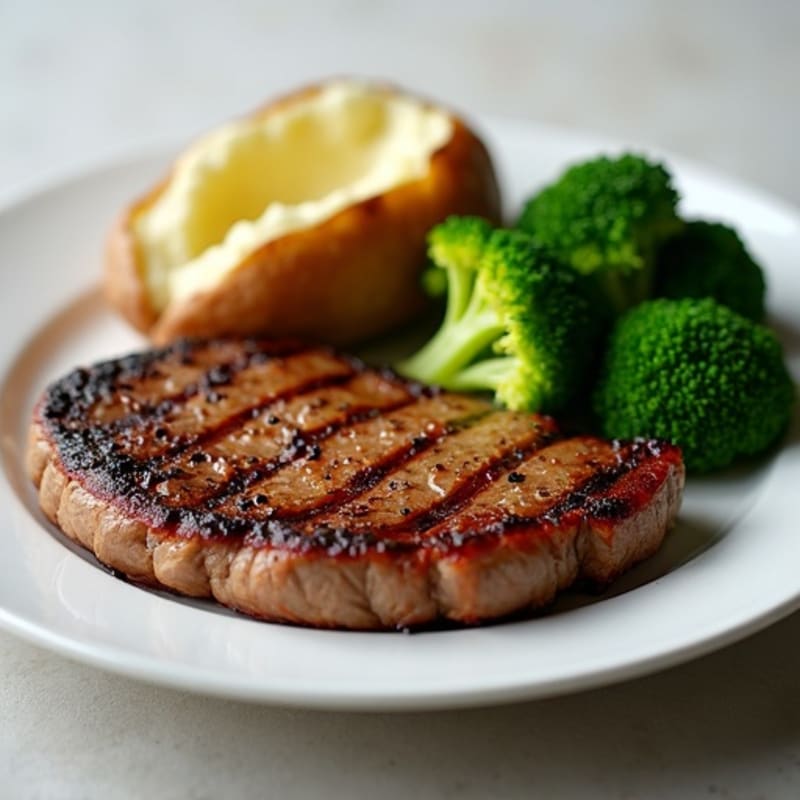 Tender Grilled Sirloin with Plain Baked Potato and Fresh Steamed Broccoli