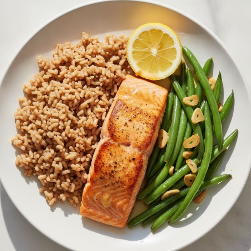 Seared Salmon with Garlic Green Beans and Brown Rice