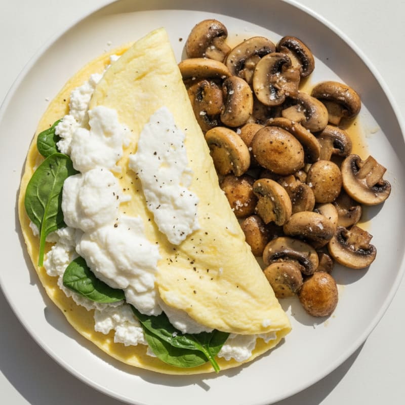 Egg White Spinach Omelette with Cottage Cheese and Sautéed Mushrooms