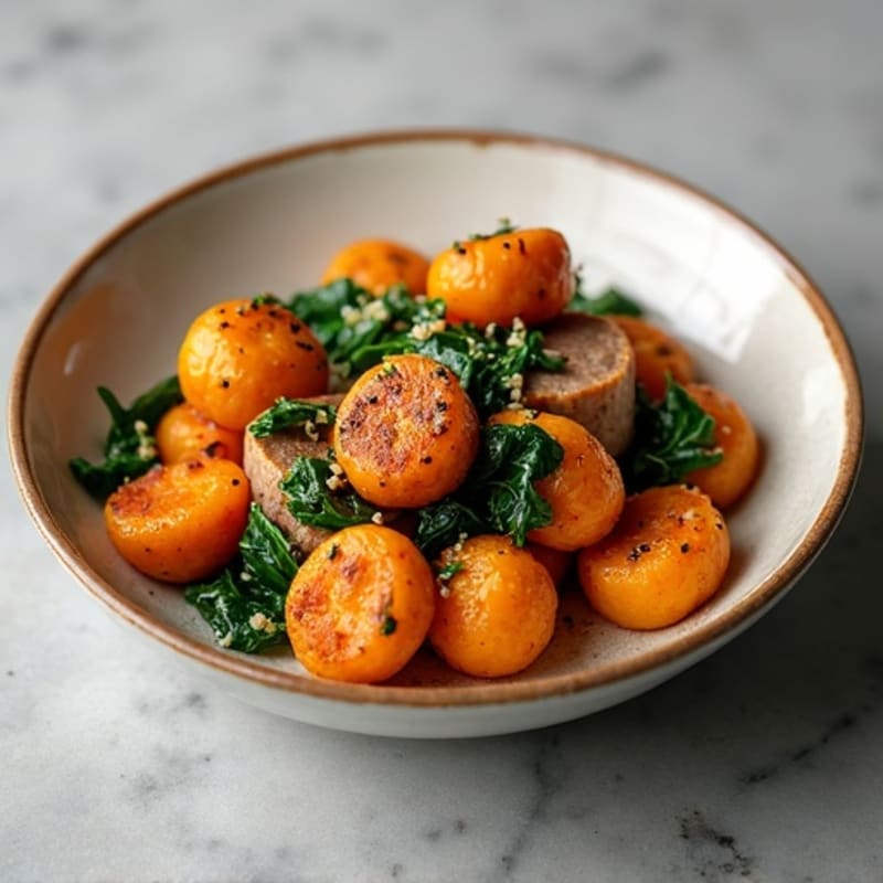Crispy Sweet Potato Gnocchi with Chicken Sausage and Fresh Spinach