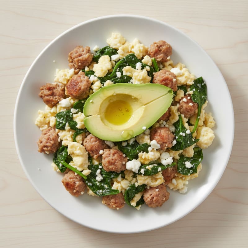 Egg White and Turkey Sausage Scramble with Sautéed Spinach