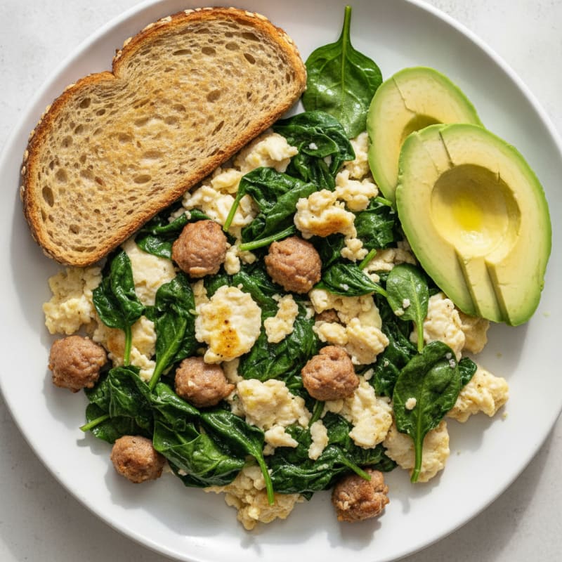Egg White and Turkey Sausage Scramble with Sautéed Spinach