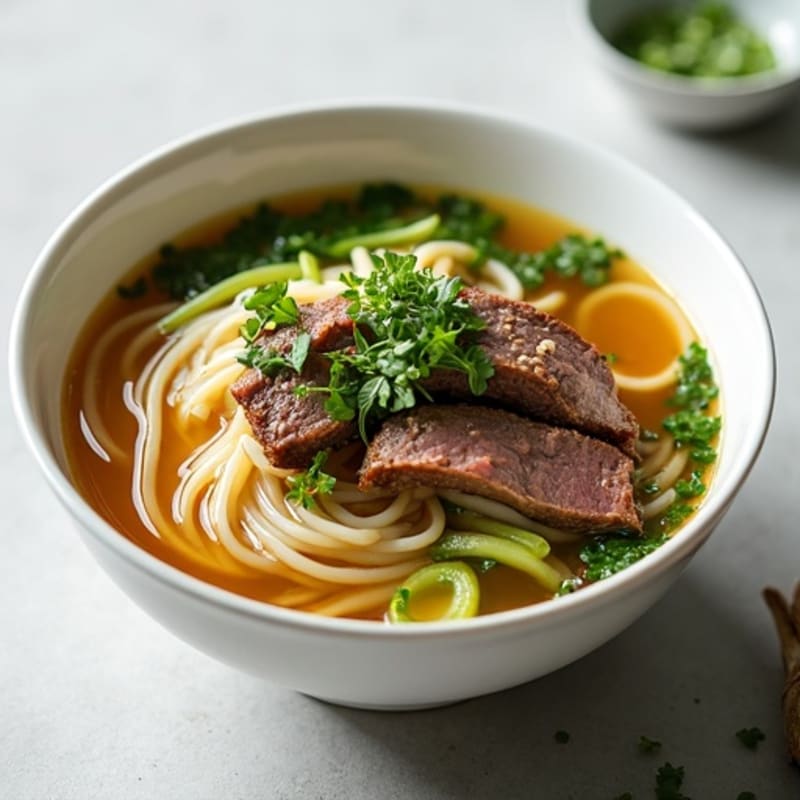 Thin-Sliced Lean Beef Noodle Soup with Aromatic Broth and Crisp Fresh Herbs
