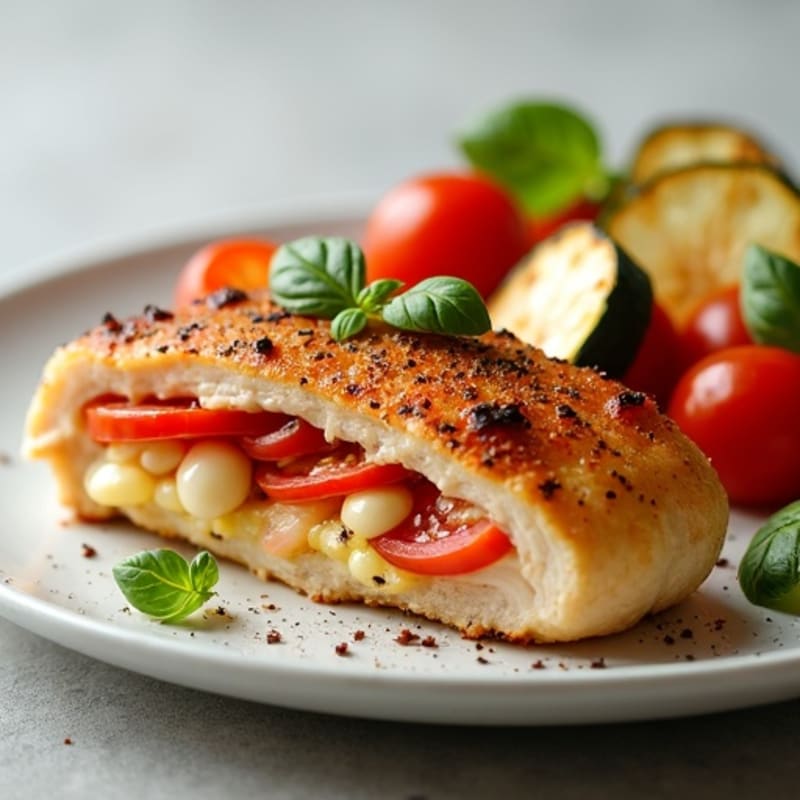 Lean Chicken Breast Stuffed with Zesty Tomato and Mozzarella, Served with Crispy Roasted Vegetables