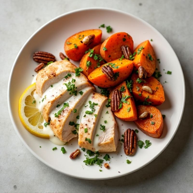 Creamy Garlic Chicken with Roasted Sweet Potatoes and Toasted Pecans