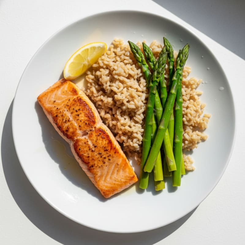 Seared Salmon with Steamed Asparagus and Brown Rice