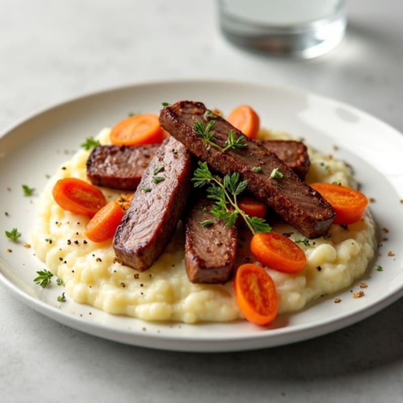 Seared Beef Strips with Garlic Mashed Potatoes and Roasted Carrots