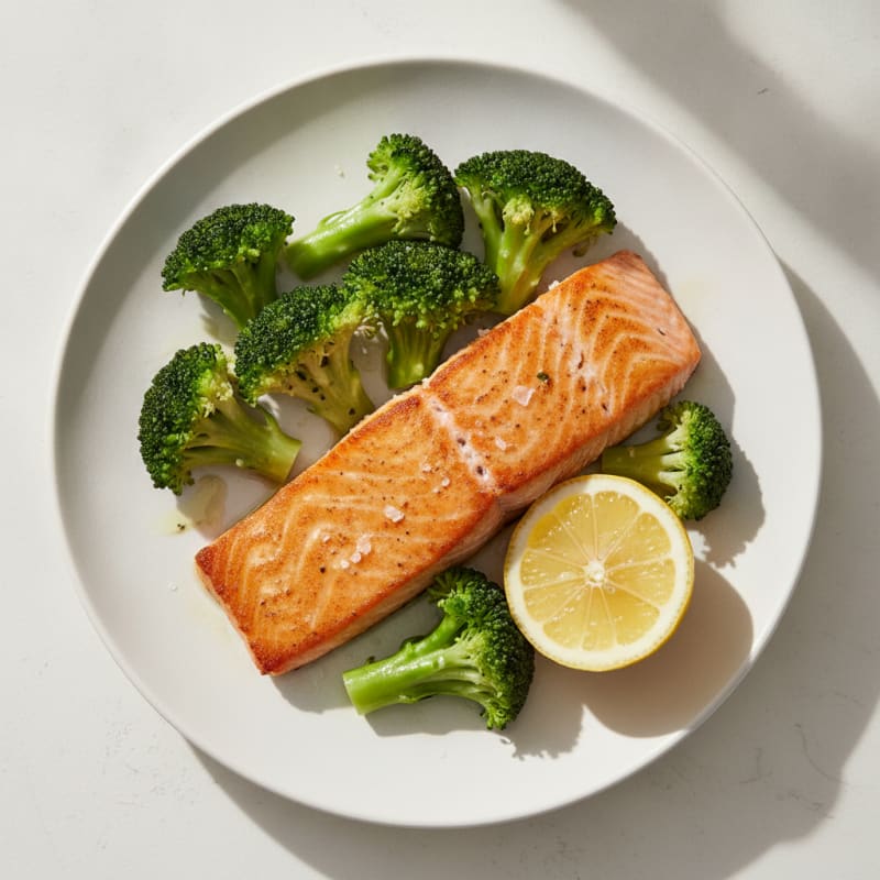 Seared Salmon with Steamed Broccoli and Lemon