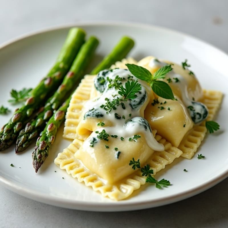 Creamy Spinach Ravioli with Roasted Asparagus and Fresh Herbs