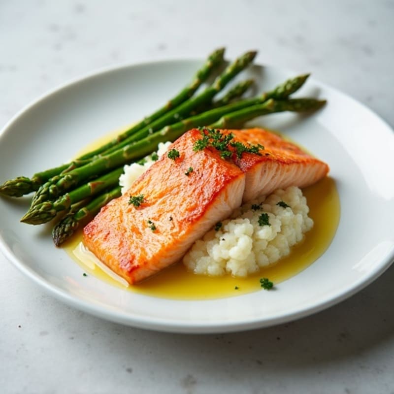 Seared Salmon with Steamed Asparagus and Cauliflower Mash