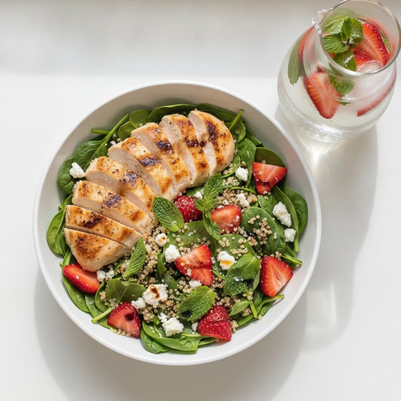 Strawberry Mint Infused Water & Chicken Quinoa Bowl