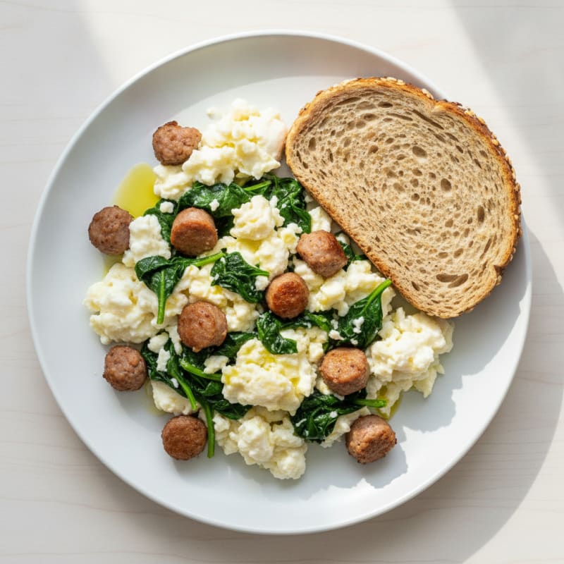 Scrambled Egg Whites with Turkey Sausage and Sautéed Spinach