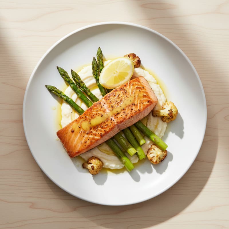 Seared Salmon Fillet with Roasted Asparagus and Cauliflower Mash