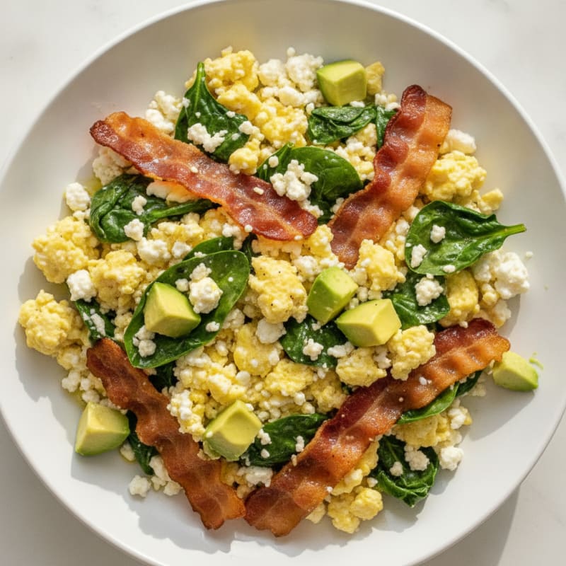 Cottage Cheese Egg Scramble with Spinach and Turkey Bacon